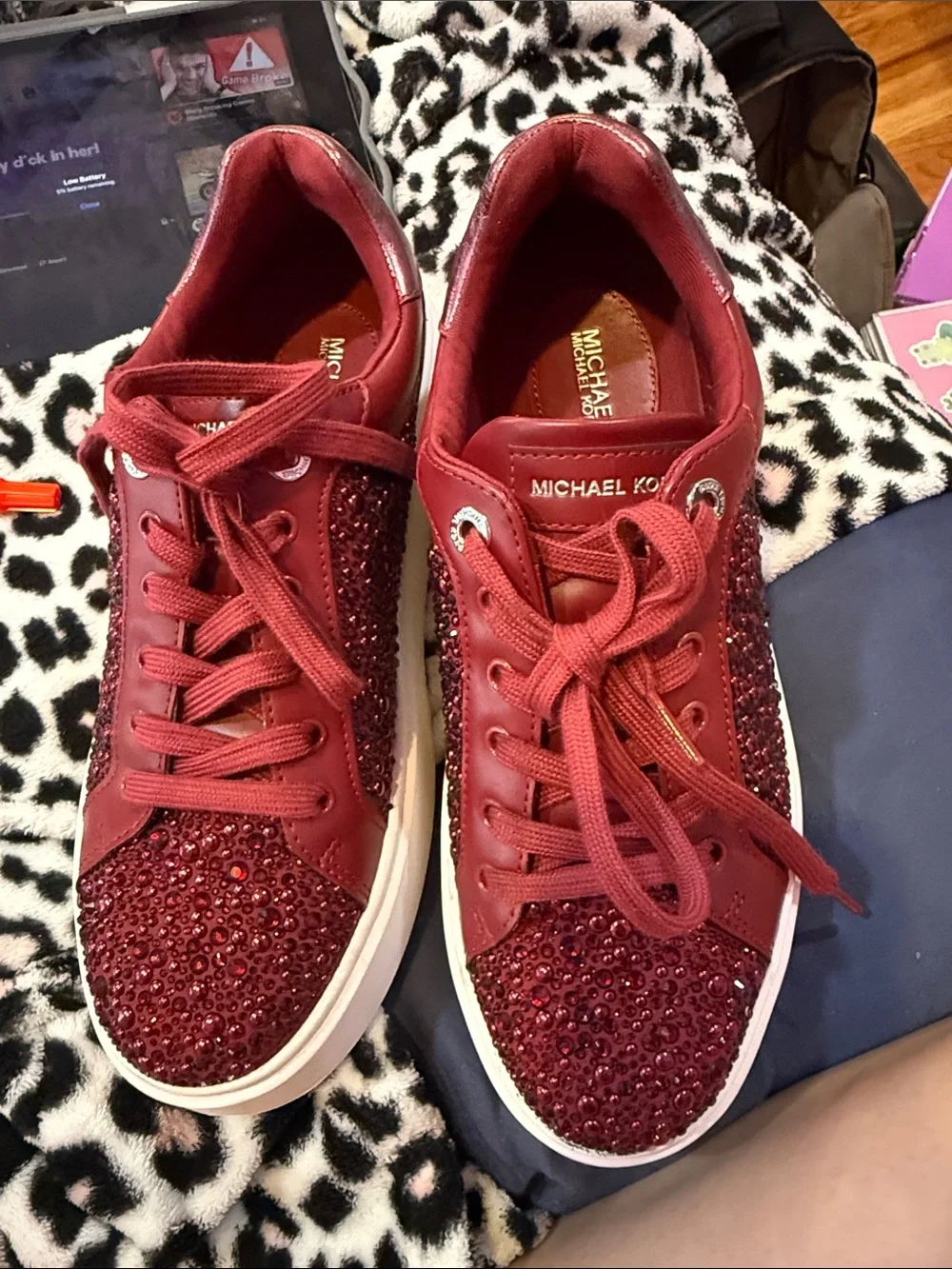 Michael Kors Burgundy Crystal-Embellished Lace-Up Sneakers